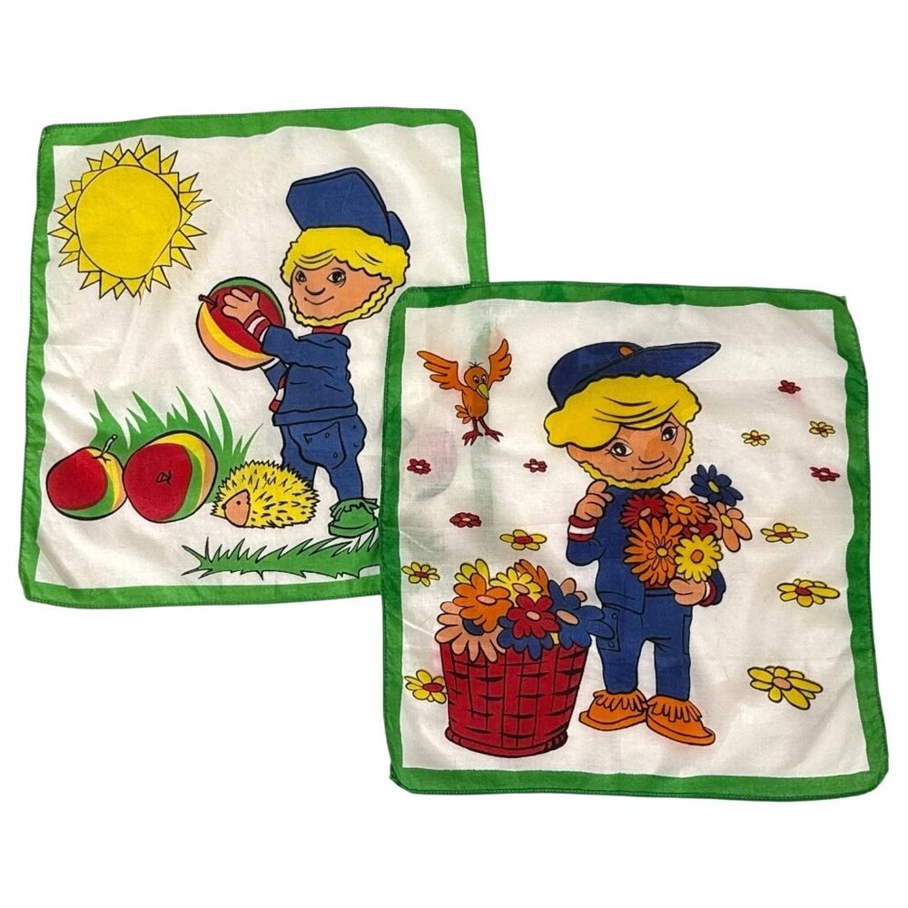 Vintage German Childrens Handkerchiefs Boy Set Of 2 Green Borders Cotton‎ Blend